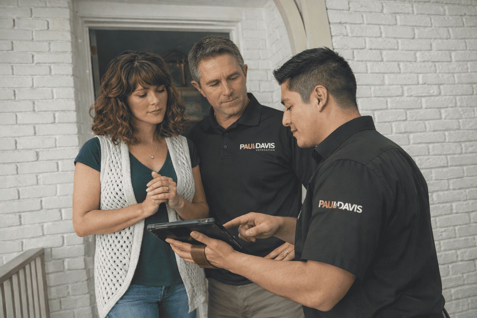 Paul Davis Restoration team reviewing restoration plans with Asheville homeowner during on-site property damage inspection and insurance consultation in Asheville, NC