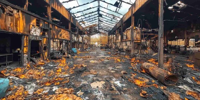 Large commercial building fire damage requiring emergency smoke cleanup and commercial fire restoration services in Asheville NC by Paul Davis Restoration