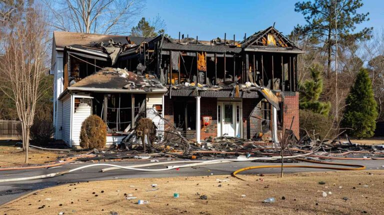 Severely damaged Asheville home after residential fire requiring emergency fire damage restoration and smoke cleanup services by Paul Davis Restoration